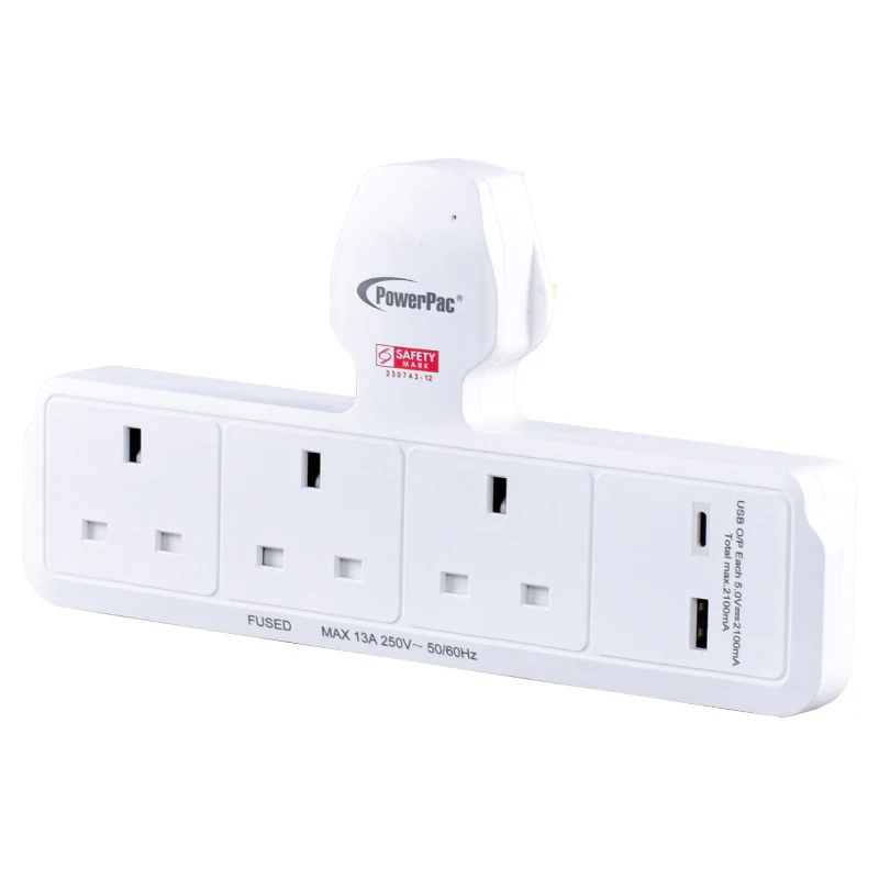 Multi Plug Extension Adapter with 3 Way, USB-A, USB-C, Power Extension Socket Adaptor (PP299U) - Yuha Electric
