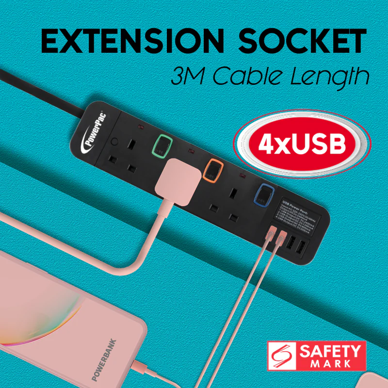 Extension Cord, Extension Socket, Power Cord 3 Metre 3 way with 4x USB Charger (PP9113UBK) - Yuha Electric