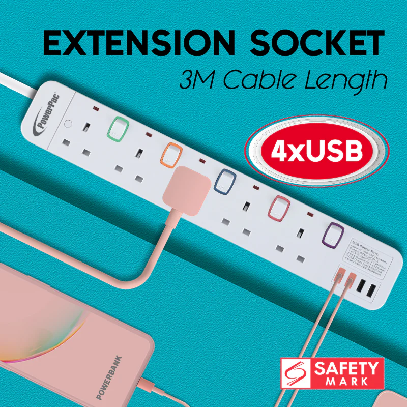 Extension Cord, Extension Socket, Power Cord 3 Metre 5 way with 4x USB Charger (PP9115U) - Yuha Electric