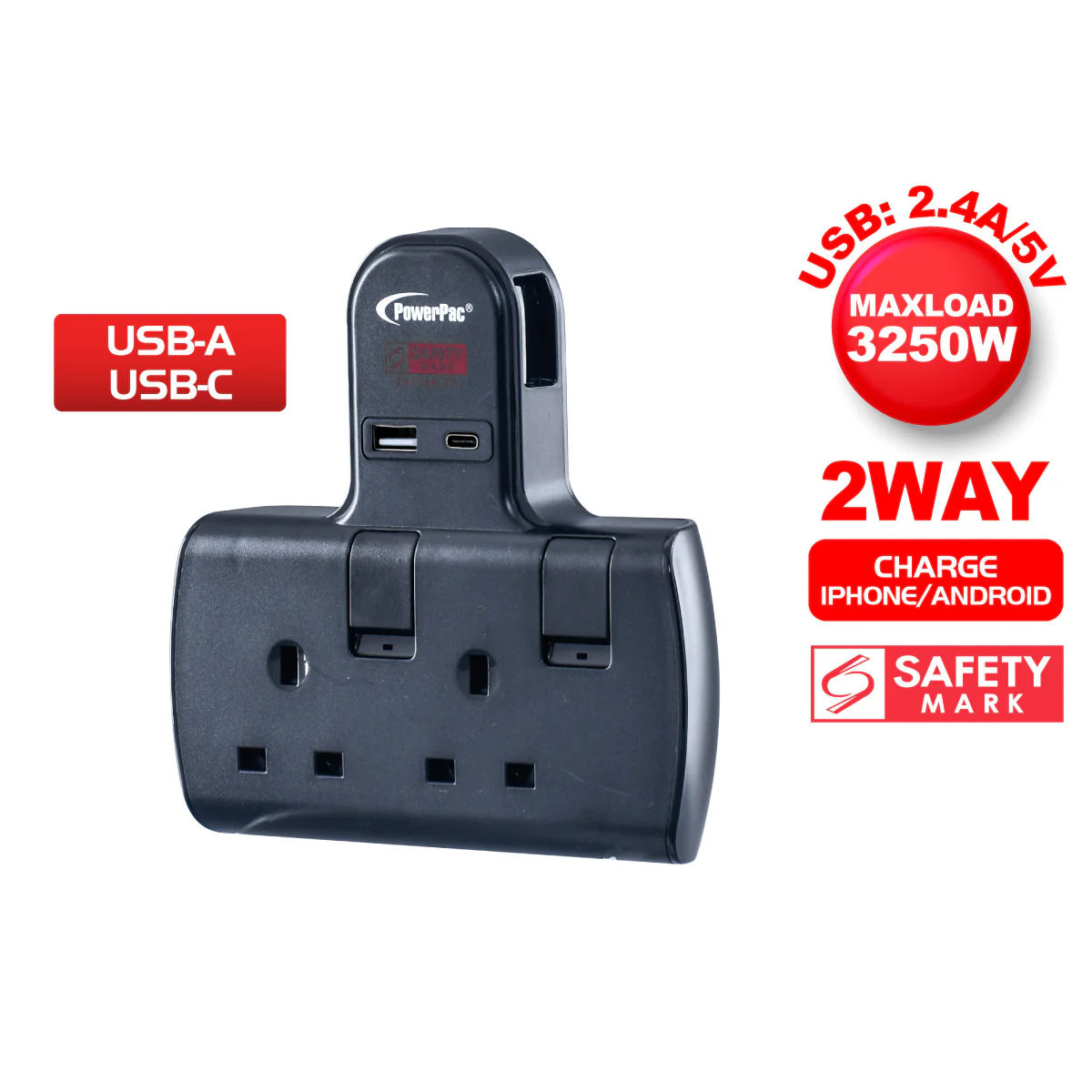 Multi Plug Extension Adapter with 2 Way adapter, USB-A, USB-C, 2 Way Socket Adaptor (PP292UBK) - Yuha Electric