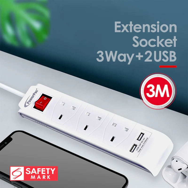 Extension Cord, Extension Socket, Power Cord 3 Metre 3 way with 2x USB charger (PP233U) - Yuha Electric