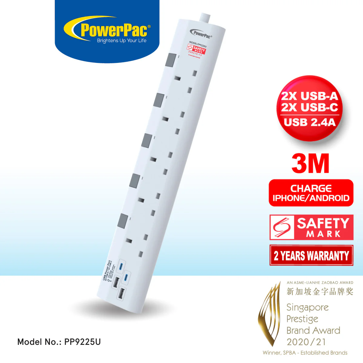 Extension Cord, Extension Socket 3 Metre 5 way with 2xUSB-A & 2xUSB-C Charger (PP9225U) - Yuha Electric