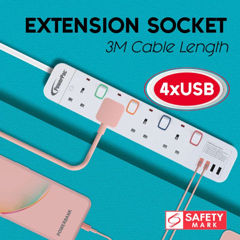 Extension Cord, Extension Socket, Power Cord 3 Metre 4 way with 4x USB Charger (PP9114U) - Yuha Electric