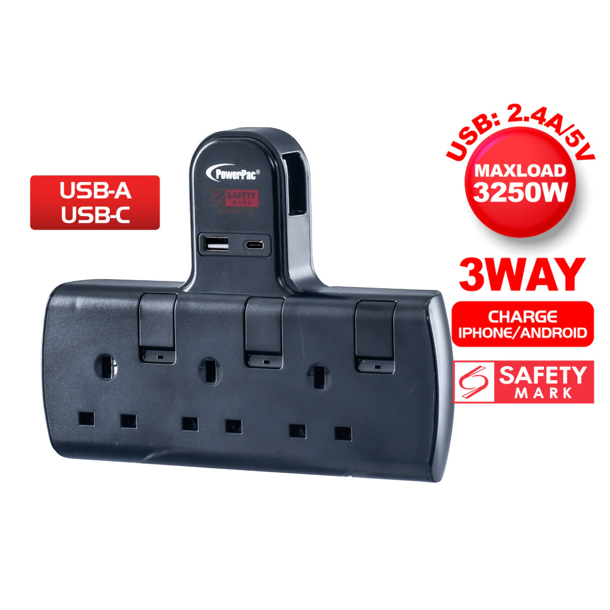 Multi Plug Extension Adapter with 3 Way adapter, USB-A, USB-C, 3 Way Socket Adaptor (PP293UBK) - Yuha Electric