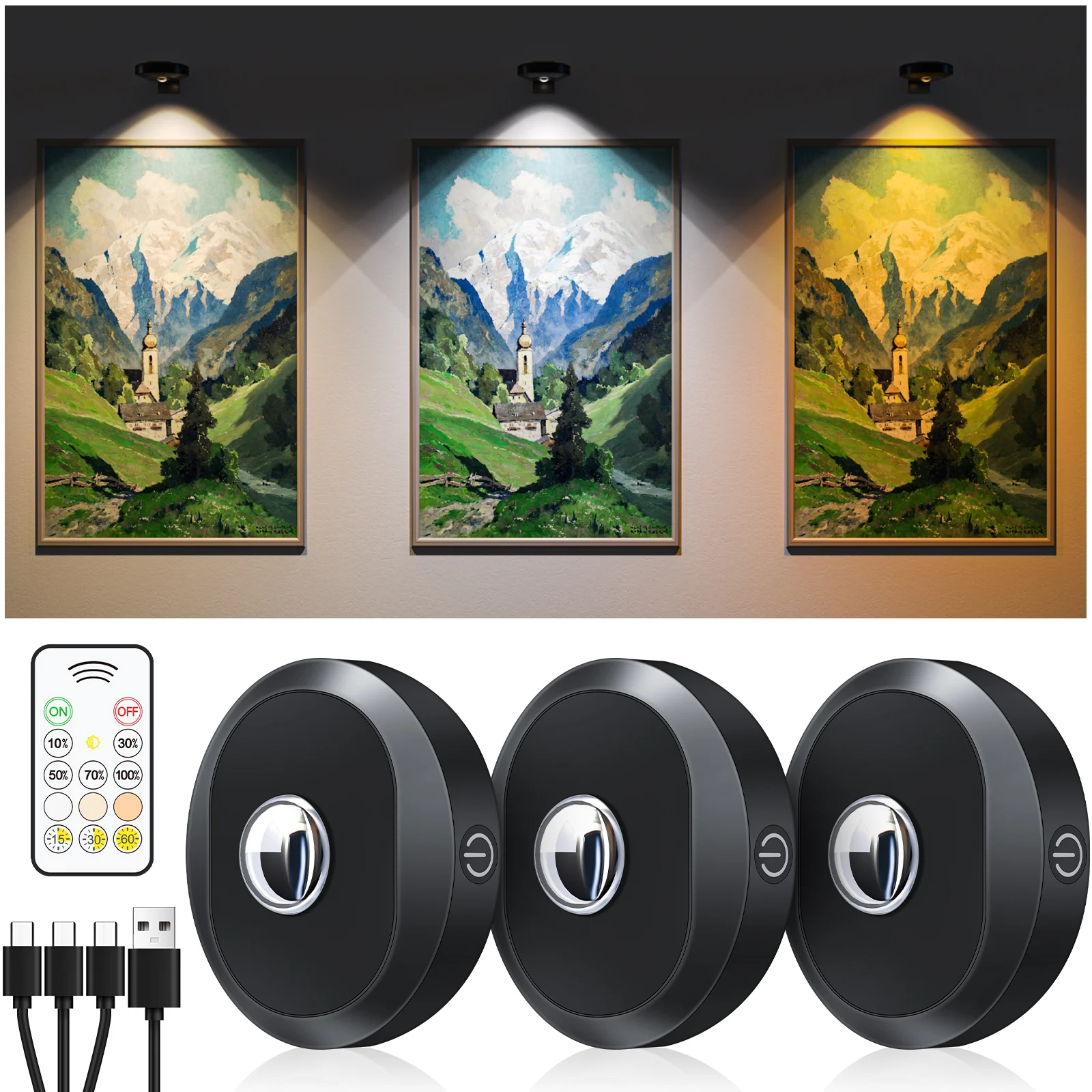 3-Pack Rechargeable Puck Lights with Remote & Timer - Yuha Electric