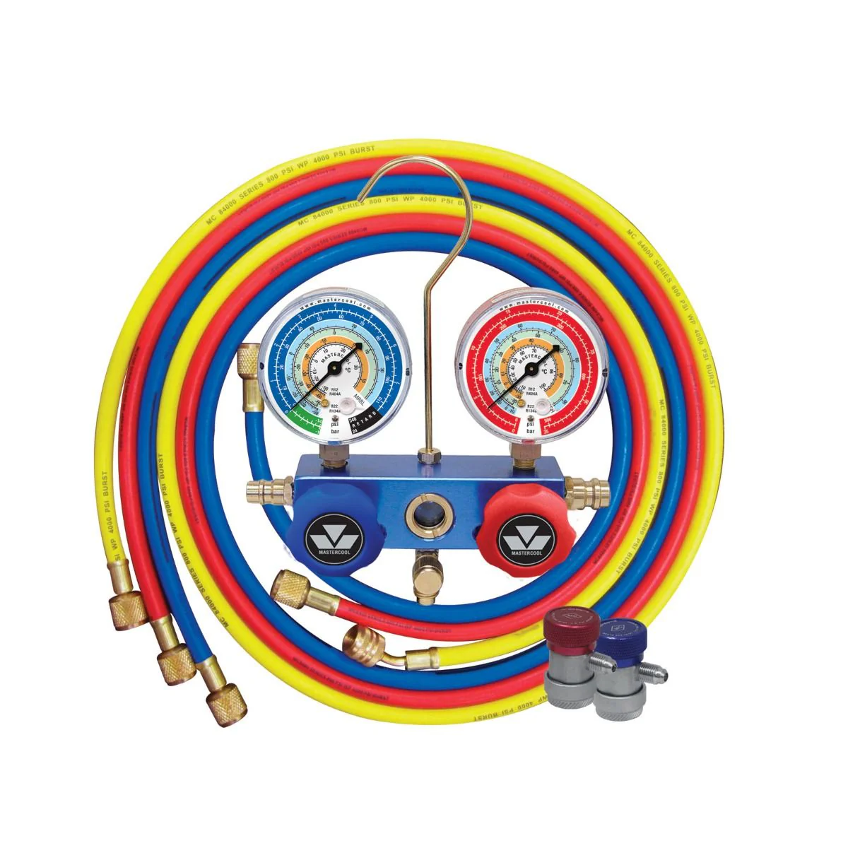 Mastercool 89996-MRB 4-Way Automotive A/C Manifold Gauge Set 80mm R134a 3×180cm - Yuha Electric