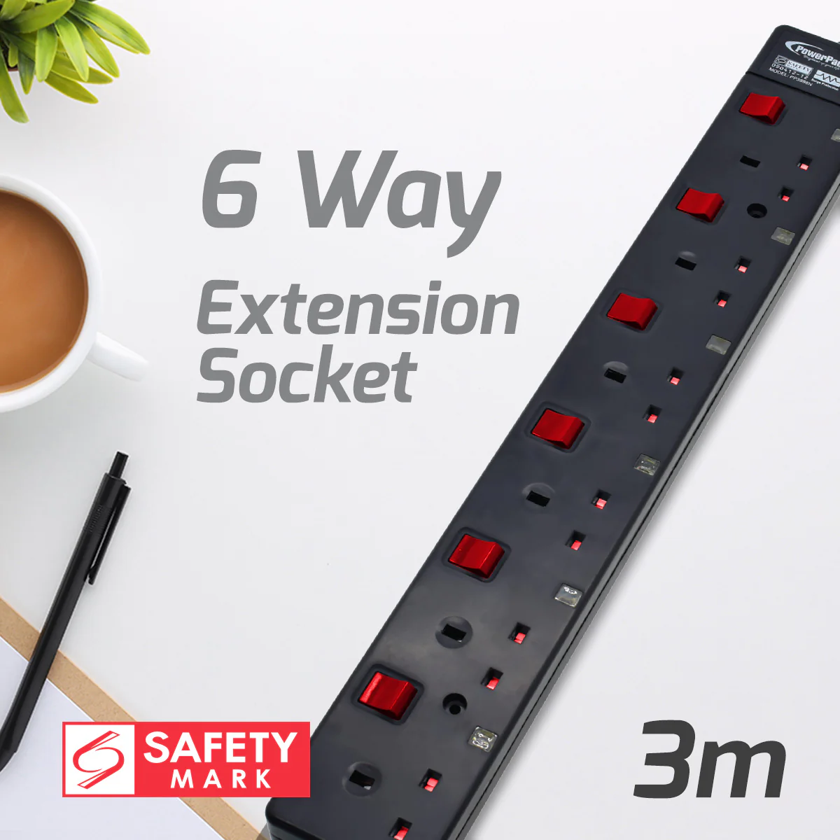 Extension Cord, Extension Socket, Power Cord, Power Extension 3 Metre 6 way (PP3886BK) - Yuha Electric
