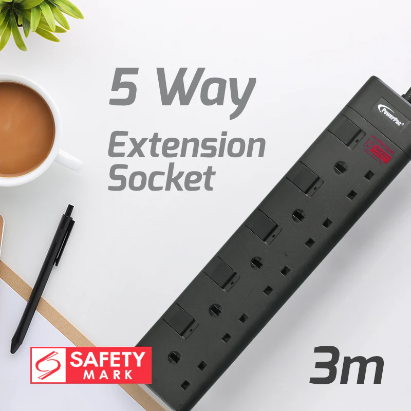 Extension Cord, Extension Socket, Power Extension 3 Metre 5 way (PP8555BK) - Yuha Electric
