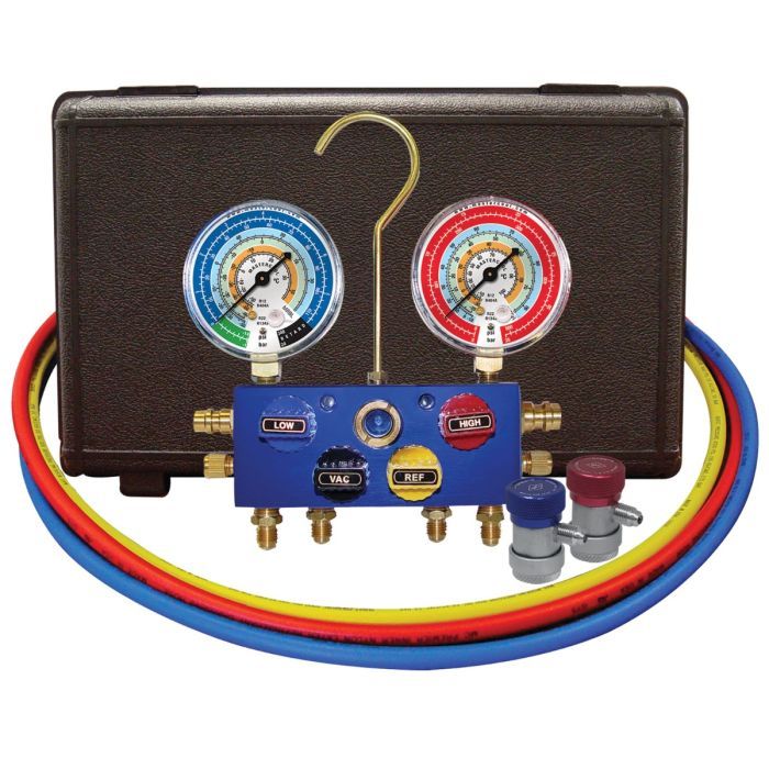 Mastercool 4 Way Ball Valve Manifold for Automotive AC, Includes Hoses, Couplers - Yuha Electric