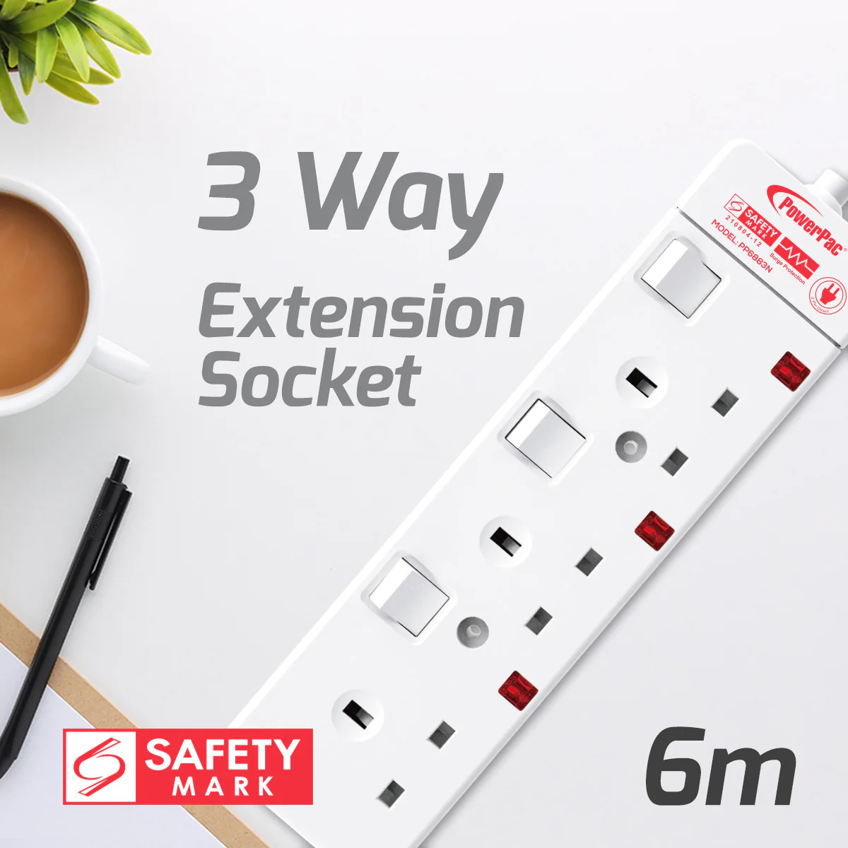 Extension Cord, Extension Socket, Power Cord, Power Extension 6 Metre 3 way (PP6883N) - Yuha Electric