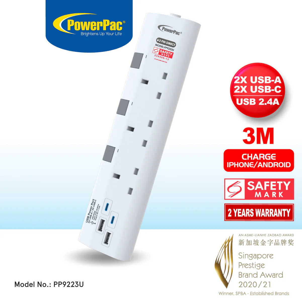 Extension Cord, Extension Socket 3 Metre 3 way with 2xUSB-A & 2xUSB-C Charger (PP9223U) - Yuha Electric