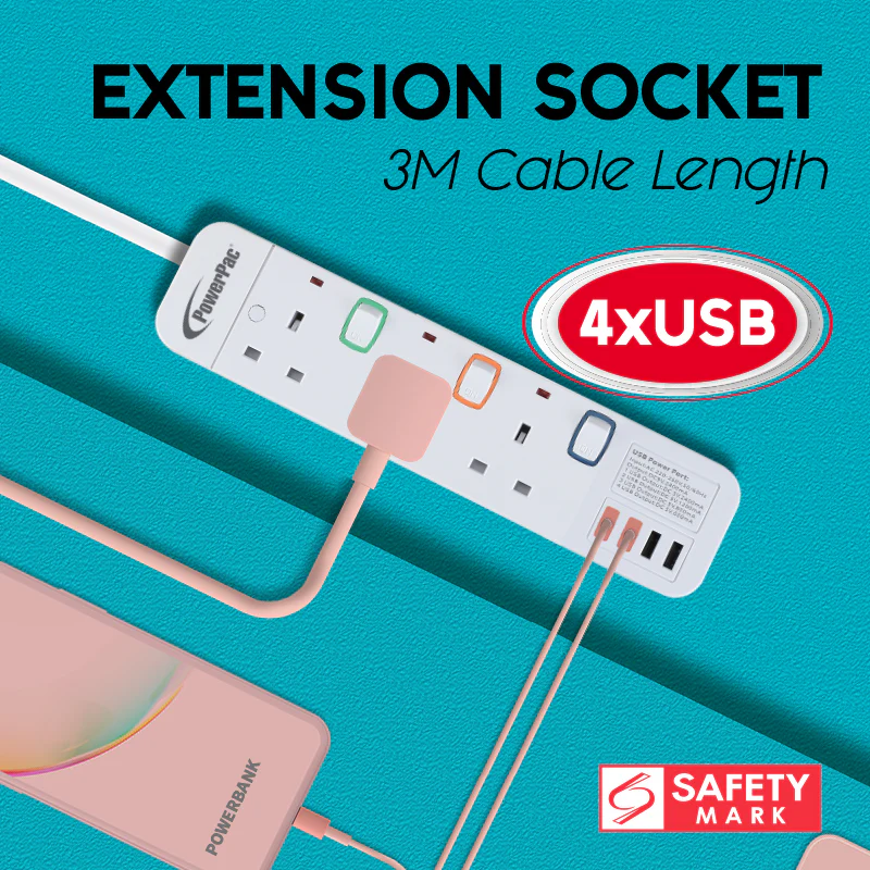 Extension Cord, Extension Socket, Power Cord 3 Metre 3 way with 4x USB Charger (PP9113U) - Yuha Electric