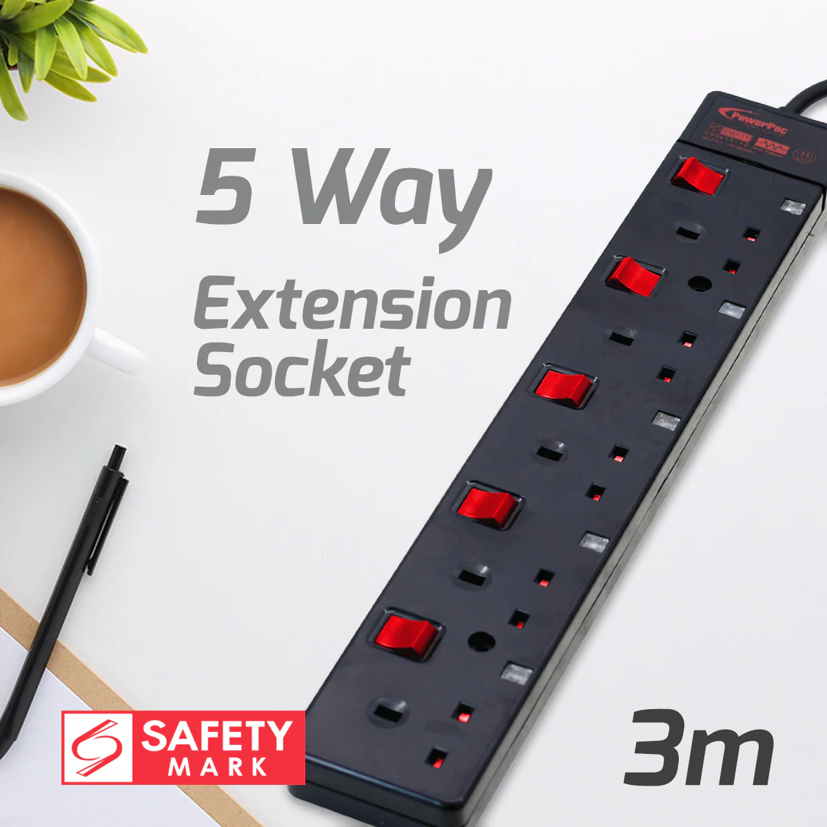 Extension Cord, Extension Socket, Power Extension 3 Metre 5 way (PP3885BK) - Yuha Electric