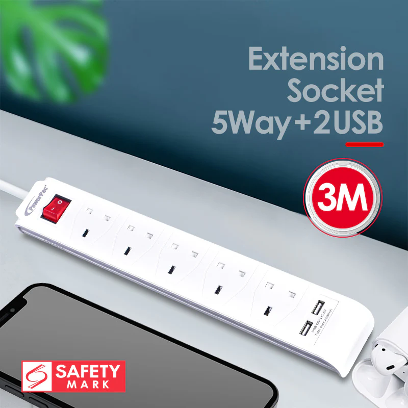 Extension Cord, Extension Socket, Power Cord 3 Metre 5 way with 2x USB charger (PP235U) - Yuha Electric
