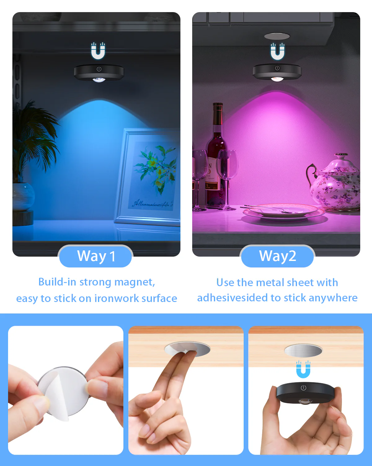 3-Pack Rechargeable Puck Lights with Remote & Timer - Yuha Electric