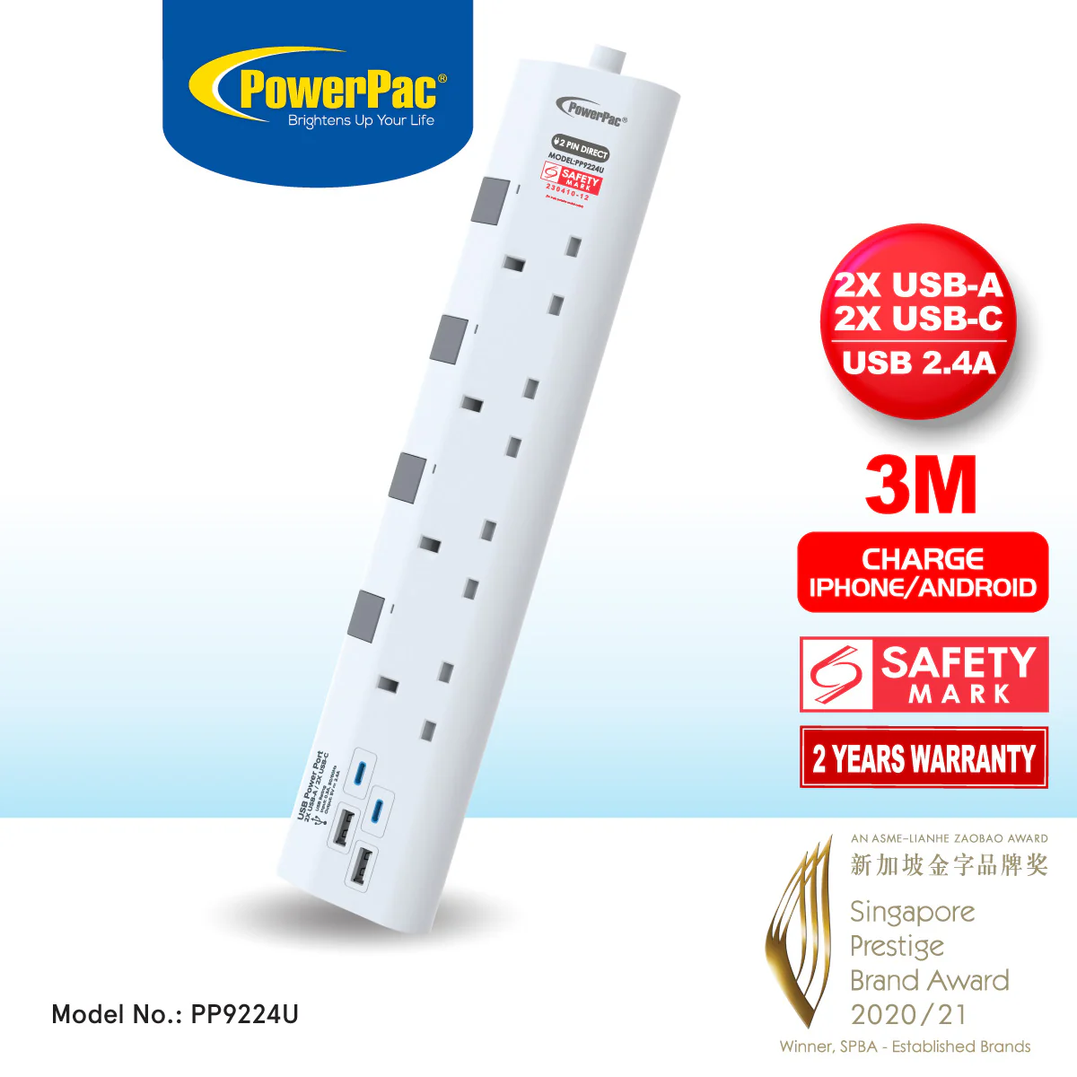 Extension Cord, Extension Socket 3 Metre 4 way with 2xUSB-A & 2xUSB-C Charger (PP9224U) - Yuha Electric