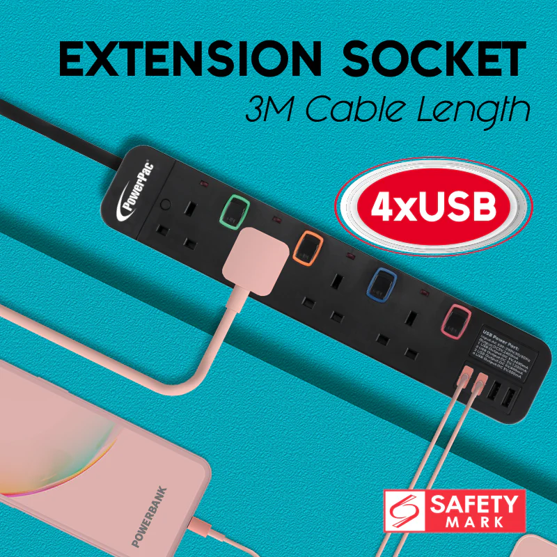 Extension Cord, Extension Socket, Power Cord 3 Metre 4 way with 4x USB Charger (PP9114UBK) - Yuha Electric