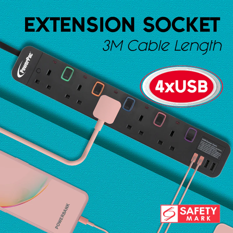 Extension Cord, Extension Socket, Power Cord 3 Metre 5 way with 4x USB Charger (PP9115UBK) - Yuha Electric