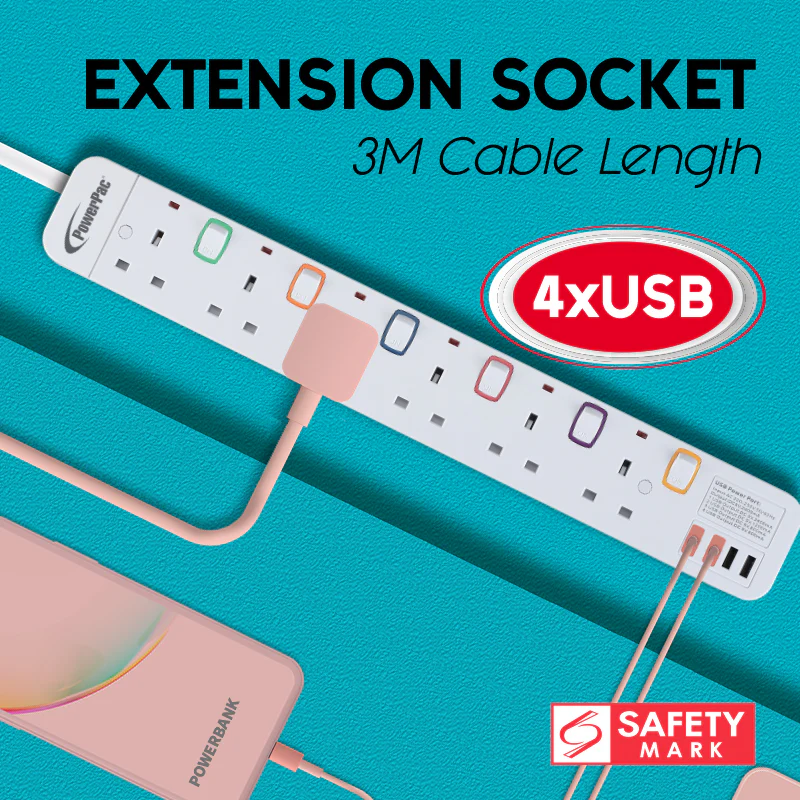 Power Extension Socket Extension Cord 6way 3 meter with 4x USB Charger (PP9116U) - Yuha Electric
