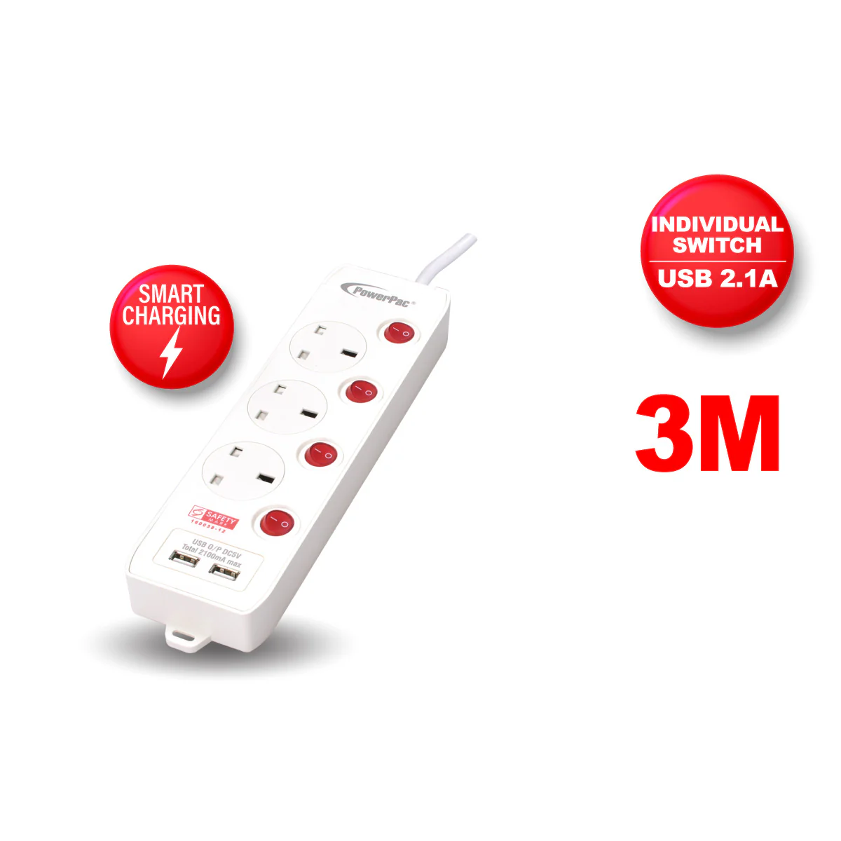 Extension Cord, Extension Socket, Power Cord 3 Metre 3 way with Dual USB Charger (PP133U) - Yuha Electric