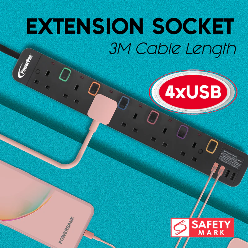 Extension Cord, Extension Socket, Power Cord 3 Metre 6 way with 4x USB Charger (PP9116UBK) - Yuha Electric