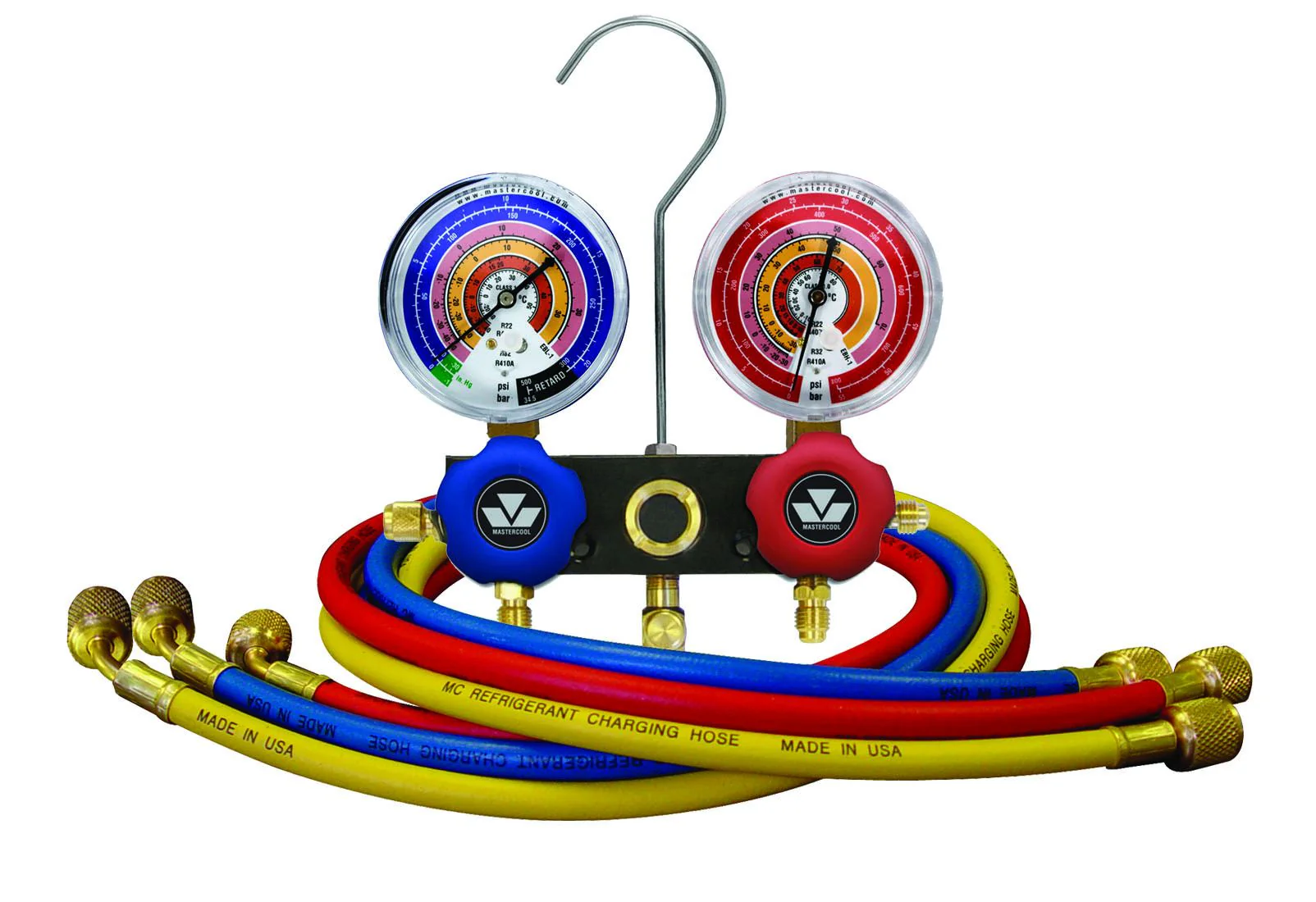 Mastercool 93636-EB1 2-Way Aluminium Manifold Gauge Set 80mm R410A/R32 3×90cm - Yuha Electric