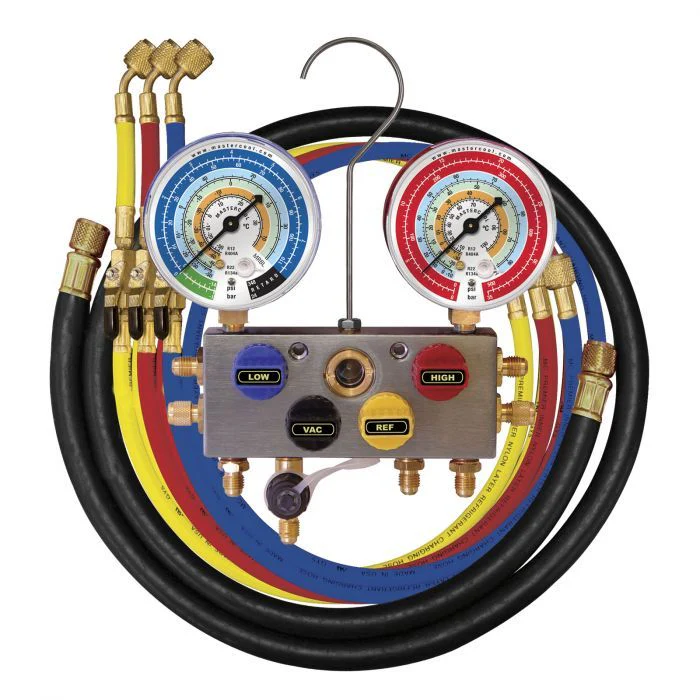 Mastercool 96272-MB-E 4-Way Ball Valve Manifold Gauge Set 80mm R134a/R22 3×150cm - Yuha Electric