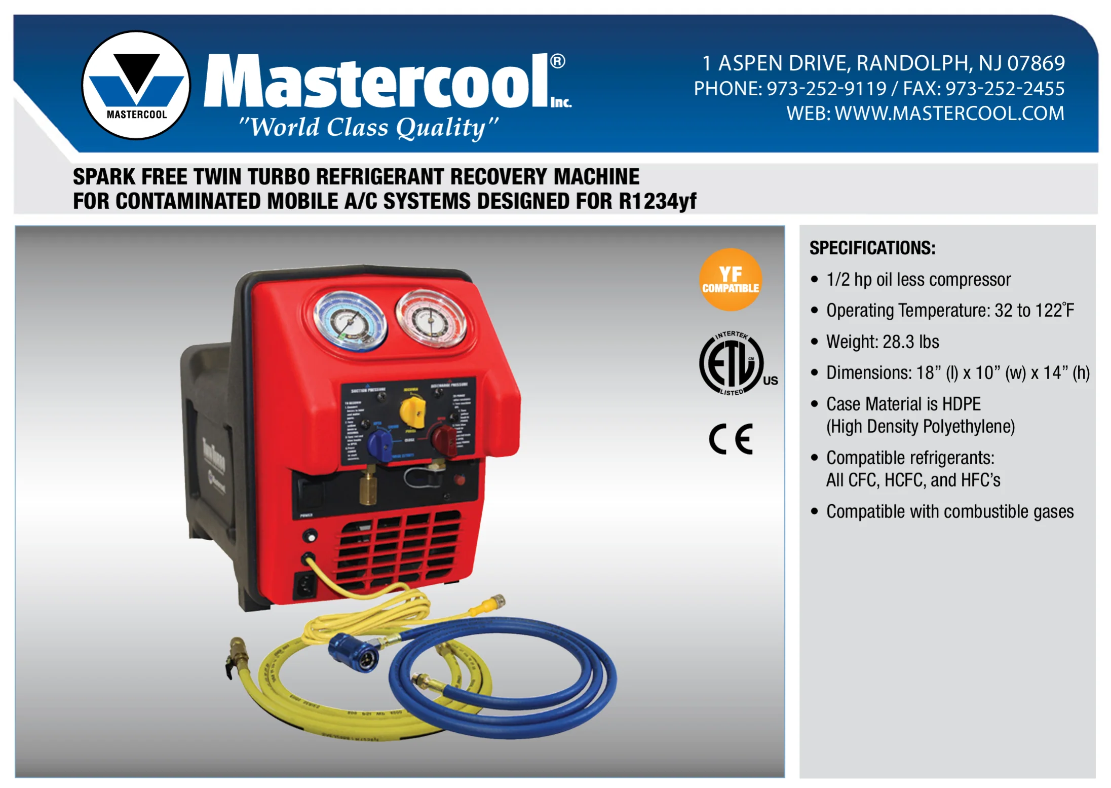 Mastercool 69390-220 Spark Free Twin Turbo Refrigerant Recovery Machine R1234yf 220V - Yuha Electric