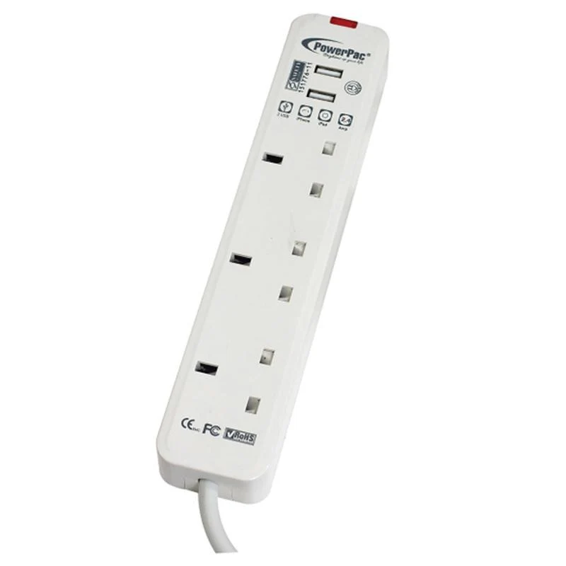 Extension Cord, Extension Socket, Power Cord 2 Metre 3 way with 2X USB Charger (PP163U) - Yuha Electric