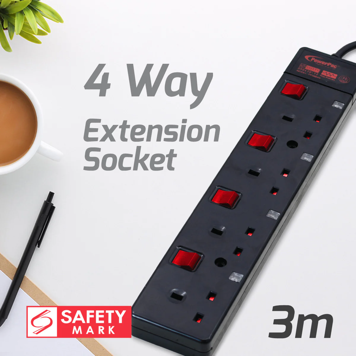 Extension Cord, Extension Socket, Power Cord, Power Extension 3 Metre 4 way (PP3884BK) - Yuha Electric