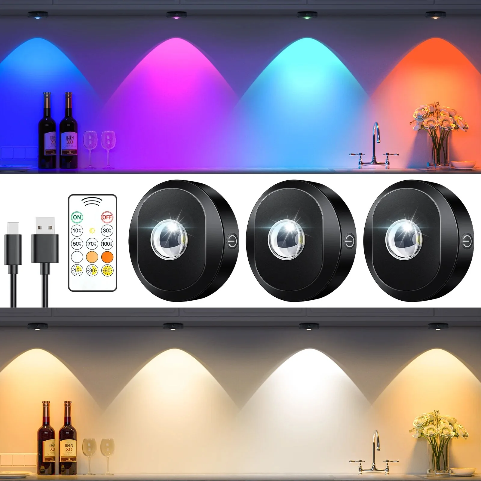 3-Pack Rechargeable Puck Lights with Remote & Timer - Yuha Electric