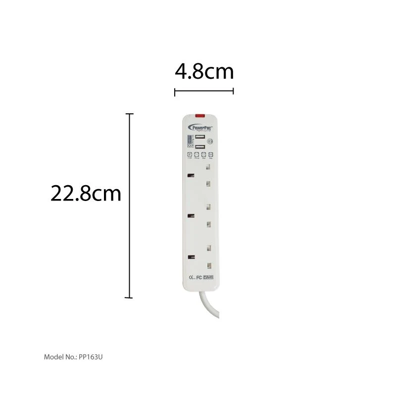 Extension Cord, Extension Socket, Power Cord 2 Metre 3 way with 2X USB Charger (PP163U) - Yuha Electric