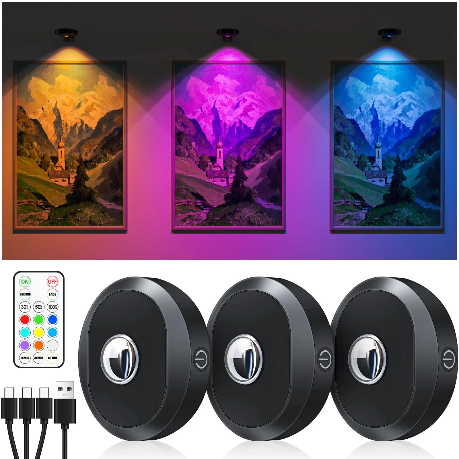 3-Pack Rechargeable Puck Lights with Remote & Timer - Yuha Electric