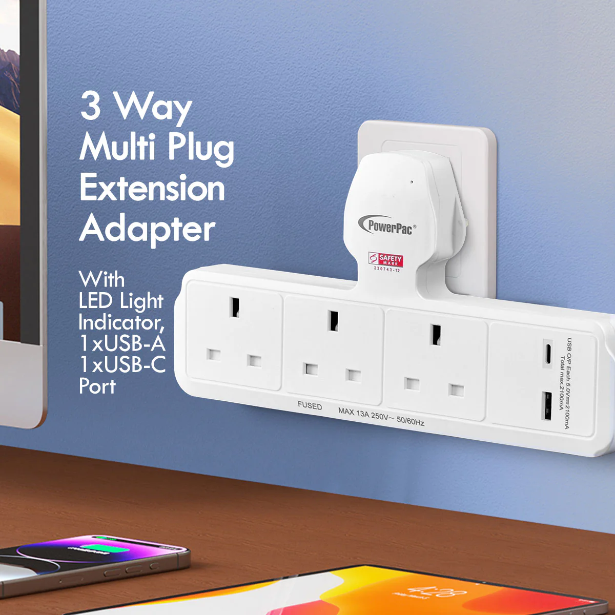 Multi Plug Extension Adapter with 3 Way, USB-A, USB-C, Power Extension Socket Adaptor (PP299U) - Yuha Electric